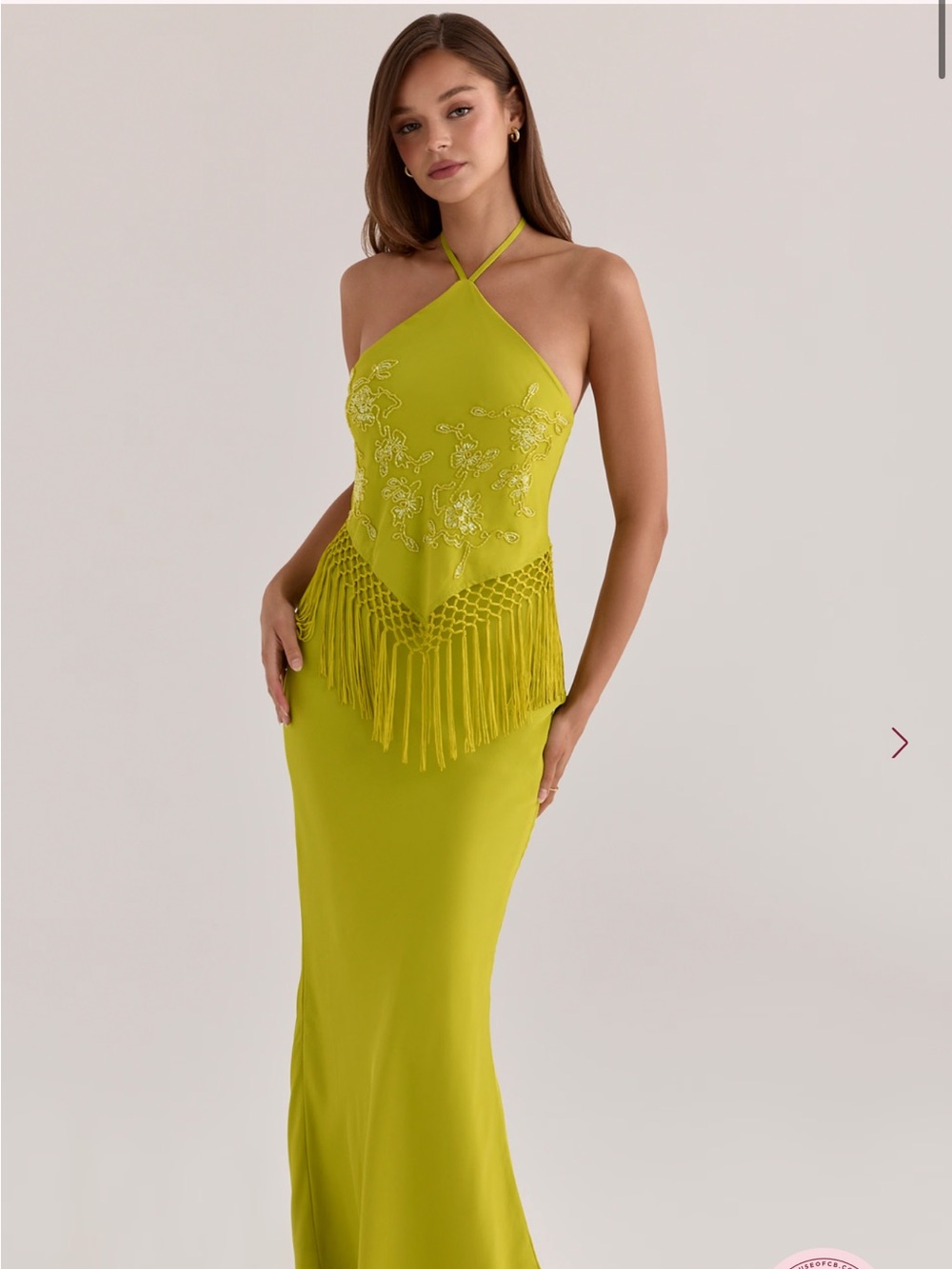 House of CB Sareena Chartreuse Embellished Fringe Maxi Dress XS